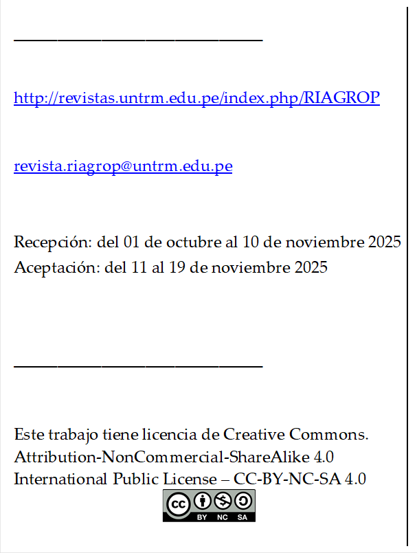 _________________

http://revistas.untrm.edu.pe/index.php/RIAGROP

revista.riagrop@untrm.edu.pe


Recepción: del 01 de octubre al 10 de noviembre 2025
Aceptación: del 11 al 19 de noviembre 2025


_________________


Este trabajo tiene licencia de Creative Commons.
Attribution-NonCommercial-ShareAlike 4.0
International Public License – CC-BY-NC-SA 4.0
 
